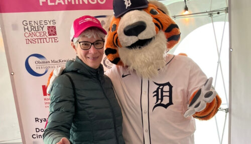 Ellen Kershenbaum and Detroit Tigers mascot.